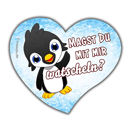 INWIEDU - herzförmiger Magnet-Sticker Pinguin Nani mit Spruch: Magst du mit Mir watscheln? - Magnetfolie Herz Sticker - 60 x 68 x 1 mm - Kühlschrank Magnet Tafel