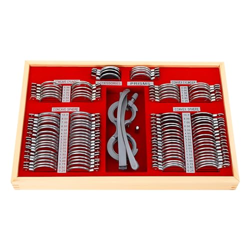 Konfiur 104X Testlinsen-Set, Glas + Metall Brillenglassatz, Kunststoffrand-Optometrie Trial Lens Kit, Optometrie Metall Rim Lens Kit, Optischer Testlinsensatz für Optische Hilfsmittel