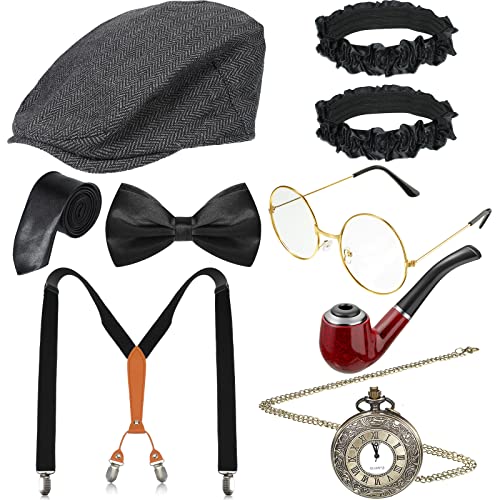 BBTO 1920er Herren Kostüm Gatsby Fedora Hut Hosenträger Fliege Krawatte Taschenuhr Brille 20er Ärmelhalter Kunststoff Halter für Verkleidung Party