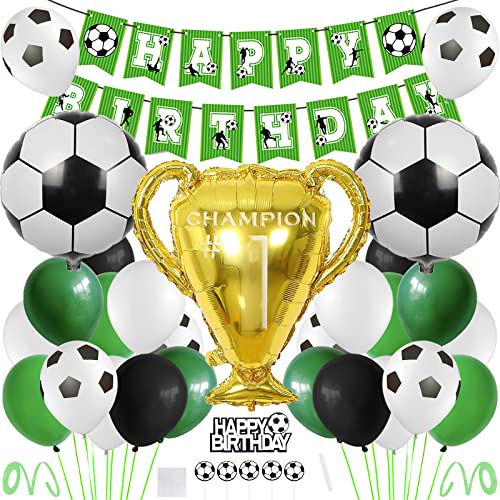 Luftballons Fußball Deko, Geburtstag Fußball Kindergeburtstag Party mit Happy Birthday Banner und Tortendeko Fussball