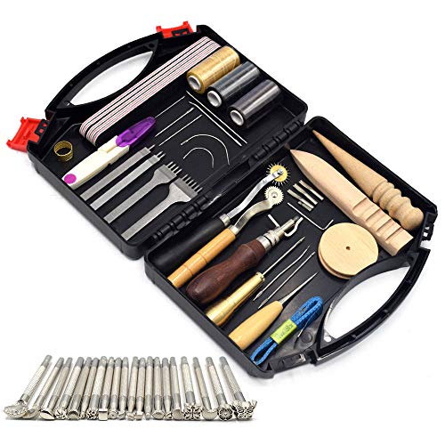 59 Stück Leder Carft Punch Tools Kit Nähen Schnitzen Arbeiten Nähen Sattel Groover Leder Craft DIY Tool Leder Werkzeuge Perfekt zum Nähen Stanzen Schneiden Nähen Leder Craft Making
