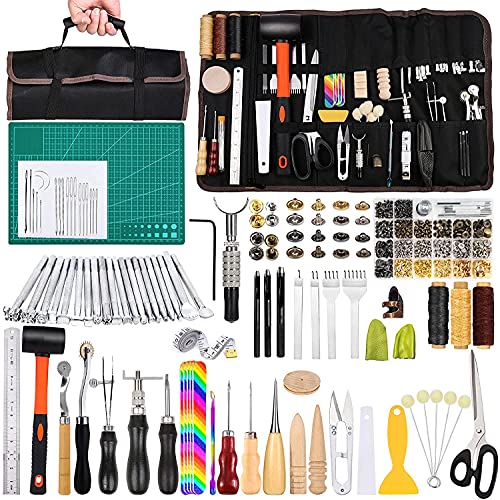 Leder DIY Set, 328 Stücke Leder Werkzeuge Leder DIY Werkzeug, Groover, Leder Nieten Set, Leder Stempel Werkzeug, Leder Faden, Nähen Nadeln und Andere Leder Handwerk Werkzeug für Leder Hand Nähen DIY