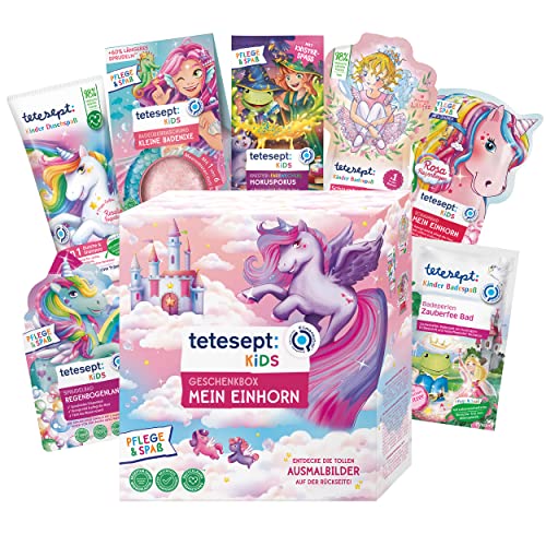 tetesept Kids Geschenkbox Mein Einhorn - Kinder Badezusatz Geschenkset mit Sprudelbad, Schaumbad, Badeüberraschung, Dusche und Armband - mit hautpflegender Rezeptur – 10er Set