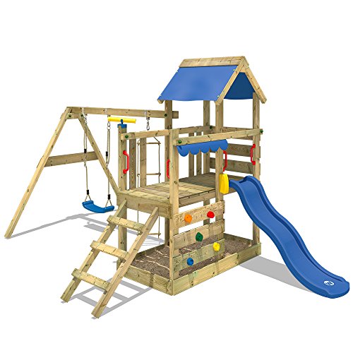 WICKEY Spielturm Klettergerüst TurboFlyer mit Schaukel & Blauer Rutsche, Kletterturm mit Sandkasten, Leiter & Spiel-Zubehör