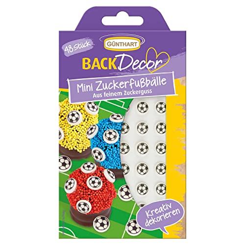 Günthart BackDecor | 48 Mini Zucker Fußbälle | Zucker Fußball aus feinem Zuckerguß | Soccer | Sport Party Deko | schwarz | weiß | 1er Pack (1 x 8 g)