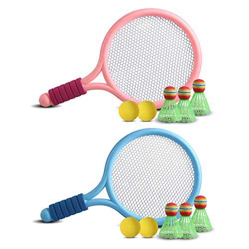 BELIHOME Kinder Federballset Kids, 4 Soft Trainingsbälle und 6 Badminton Birdies Kinder Tennisschläger, Badminton Racket Spielzeug Draussen Spielzeug für Kinder ab 3-12 Jahren