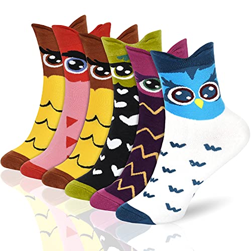 Jovego Socken Damen, 6 Paar Socken für Damen Bunte Socken mit Eulendruck, Atmungsaktive Halbsocken Funny Crew Socken, Thermosocken für Winter Weihnachtsgeschenke für Mädchen