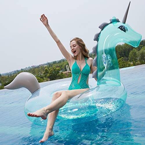 Myir Riesige Aufblasbare Pailletten Transparente Einhorn, Luftmatratzen Wasser Pool Floß Schwimmen Schwebebett Aufblasbarer Spielzeug Schwimmtier für Kinder Erwachsene