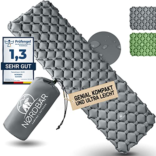 NORDBÄR® Camping Isomatte aufblasbar & Ultraleicht | Iso Luftmatratze kleines Packmaß für Camping, Outdoor & Zelten | Campingmatte, Schlafmatratze, Reisematratze (grau)