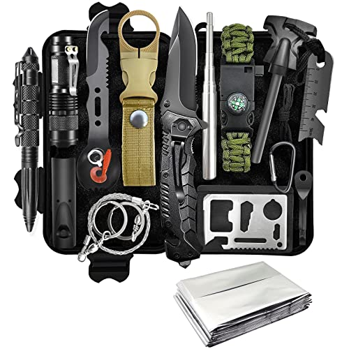 Survival Kit 13 in 1, Professionelles Notfall Survival Kit mit Klappmesser, Taschenlampe, Survival Ausrüstung für Outdoor Camping, Abenteuer, Wandern, Jagen, Angeln, Männer, Väter