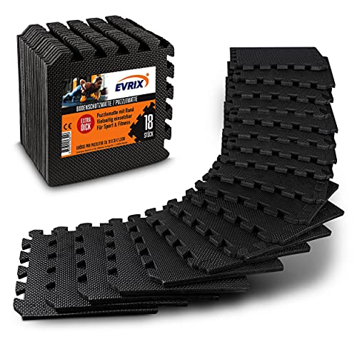 EVRIX® Bodenschutzmatte Fitness extra dick (20% mehr Schutz) - 18 Teile (31x31cm) - Puzzlematte Sportmatte Unterlegmatte Fitnessbodenmatte für Fitnessraum und Fitnessgeräte (Model 2 Schwarz)