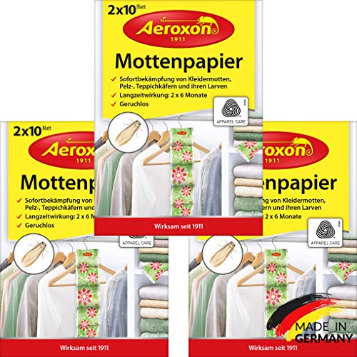 Aeroxon - Mottenpapier - 3x20 Stück - gegen Motten, Käfer und Larven - Mottenschutz für ihre Kleidung im Kleider-Schrank