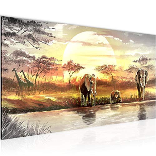 Runa Art Wandbild Afrika Elefant 1 Teilig 100 x 40 cm Modern Bild auf Vlies Leinwand Landschaft Wohnzimmer Schlafzimmer Grau Gelb 000712a