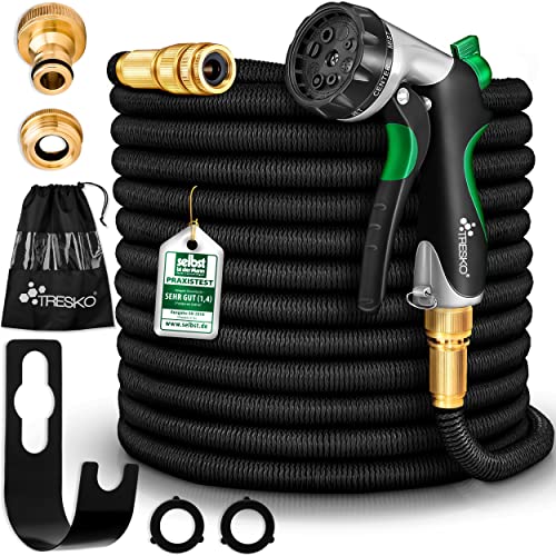 TRESKO® Flexibler Gartenschlauch | Testnote SEHR GUT | ausgedehnt 30m | Wasserschlauch flexibel mit 3-Fach Latexkern | dehnbarer flexiSchlauch | alle Verschraubungen aus hochwertigem Messing