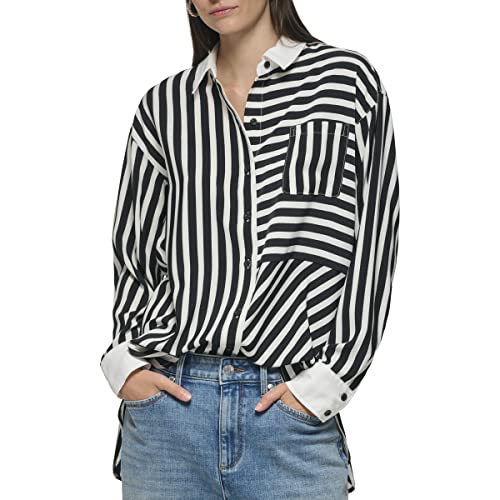 KARL LAGERFELD Damen Soft Long Sleeve Stripe Everyday Fashion Sport Blouse Bluse, Schwarz, Weiß, SFT, Klein