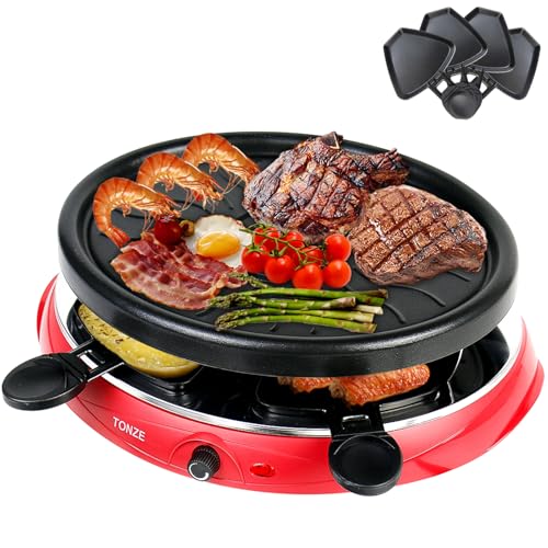Raclette 4 Personen - Raclette Grill für 4 Personen mit 4 Raclette Pfannen Raclett Holzspatel Partygrill Grillplatte Oval Antihaft Antihaft Kochfläche - 900 W