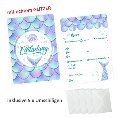 nikima Schönes für Kinder 5 Einladungskarten Meerjungfrau mit Glitzer inkl. 5 Transparenten Briefumschlägen Kindergeburtstag Mädchen Einladung Party