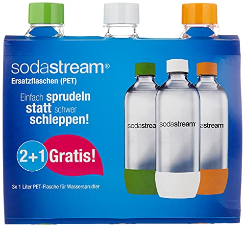 SodaStream Aktions-Set Pet-Flaschen 2+1, 3x 1L PET-Flaschen aus bruchfestem kristallklarem PET in den Farben Orange, Grün und Weiß