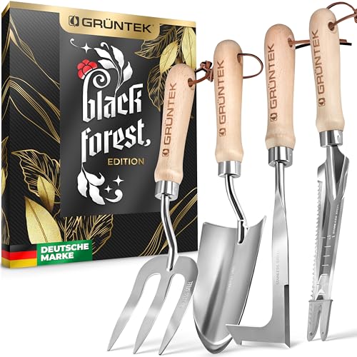 GRÜNTEK 4-TLG Gartenwerkzeug-Set, Premium Gartengeräte, besonders Stabiler Edelstahl, Rutschfester Eschenholz Griff, Garten-Kelle, Gabel, Multi-Unkrautjäter, Fugenstecher, Garten Werkzeug Satz
