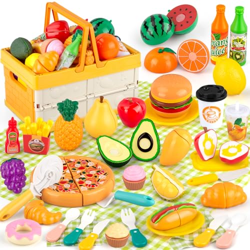 LilKisThk Kinderküche Zubehör, Picknickkorb Spielküche Zubehör Pretend Play Set, Matschküche Outdoor Picknick Set mit Decke, Geschenk für Jungen Mädchen 3 4 5 Jahre