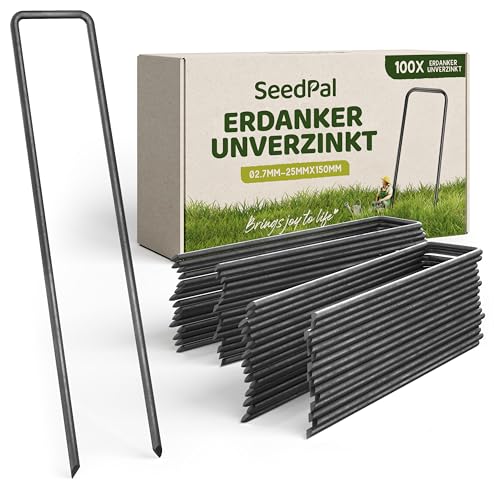 SeedPal Erdanker Bodenanker Unverzinkt - 100 Stück - Heringe Erdnägel stabil, Erdanker Unkrautvlies, Zaun & Zelt - 150mm*25mm*Ø2.7mm - Erdnägel/Bodenhaken aus Stahl - Bodenverankerung
