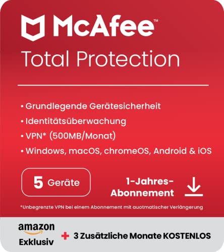McAfee Total Protection 2023 |exklusiv bei Amazon| 5 Geräte |Virenschutz- und Internetsicherheits-Software| VPN, Kennwort-Manager |15-Monate-Abonnement| Download