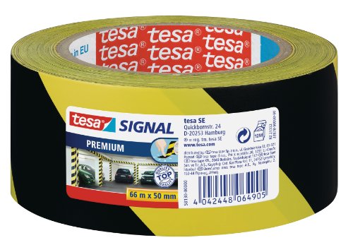 tesa Signal Markierungsklebeband PREMIUM - selbstklebendes Warnband zur permanenten Markierung und Kennzeichnung von Gefahrenzonen - aus robustem PVC - 66 m x 50 mm - Schwarz / Gelb