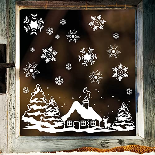 Fensterbild Weihnachten Fenstersticker Häuschen mit REH und Winterlandschaft WIEDERVERWENDBAR