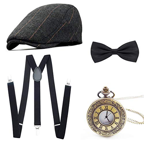 Wagoog 1920s Herren Accessoires Mafia Gatsby Kostüm set Inklusive Panamahut Verstellbar Elastisch Hosenträger Herren Halsschleife Fliege und Vintage Taschenuhr