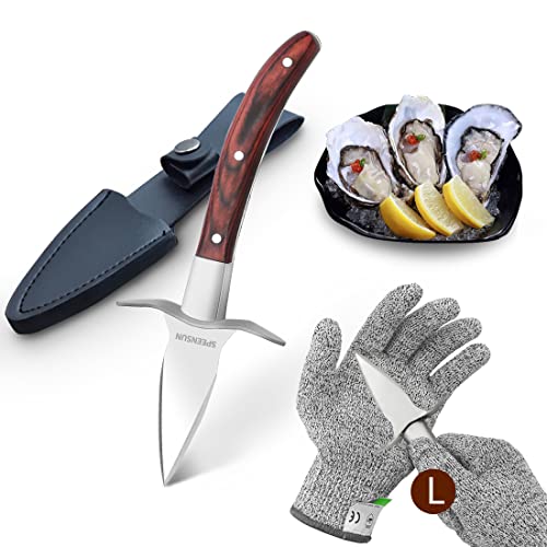 SPEENSUN Austernmesser, Austernmesser Und Handschuh,Austern Set mit Premium-Holzgriff,Edelstahl Austernöffner mit Handschuhe mit Schutzstufe 5 (L) Oyster Messer