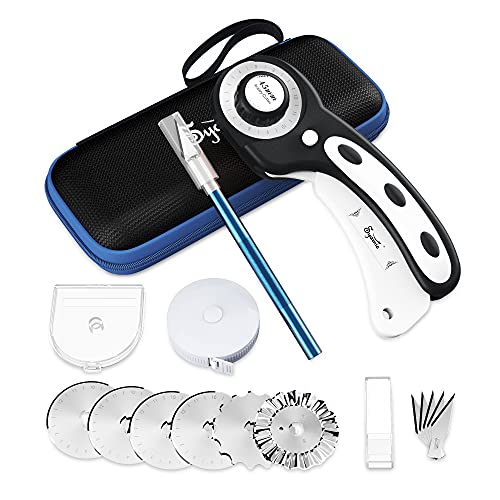 Rollschneider 45mm Rollschneider Stoff Set,Mit 6 Ersatz-Rollschneiden Zum Präzisen Schneiden Von Stoff/Leder/Papier/Ballaststoff Etc.Inklusive Aufbewahrungsbox,Präzisionsmesser und Maßband