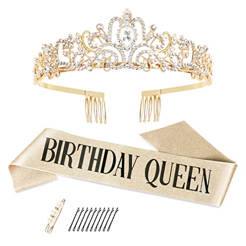Makone Kronenkristall Tiara Geburtstagskrone Schärpe Geburtstagskrone Geburtstag Tiara Krone Frauen Mädchen Geburtstag Tiara für Dekorationen