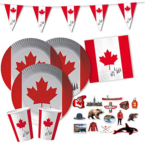 62-teiliges Party-Set Kanada - Teller Becher Servietten Wimpelkette XXL-Konfetti für 20 Personen