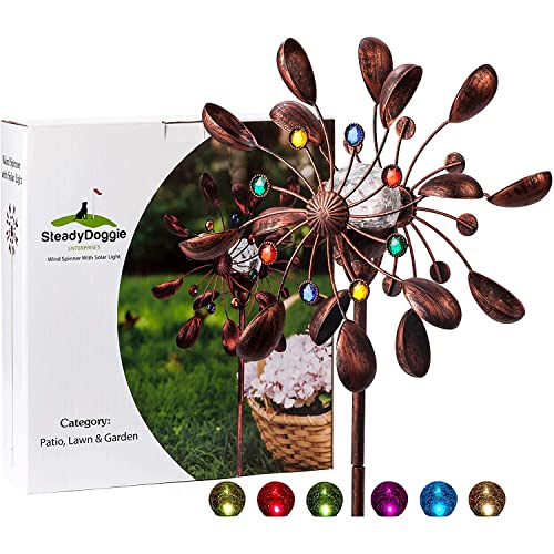 Solar Metall Windrad - mit LED-Licht und Schmucksteinen - Höhe: 190 cm - Windspiel für draußen - Leichter Aufbau - extra große Gartendeko - wetterfest, standfest - ideal für Terrasse und Garten