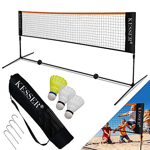 KESSER® Badmintonnetz Tennisnetz | 400cm | Federballnetz 3-Fach-Höhenverstellbar 107/120/155cm, Set bestehend aus Netz, 3x Federball, Transporttasche, stabilem Eisen-Gestell, Indoor & Outdoor, Schwarz