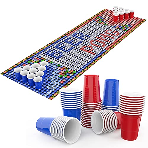 Becher 16 oz/ 473ml 50 Stück mit Matte (183x61cm) und 10 Bällen Partybecher Wiederverwendbar Plastik Becher für Camping, Weihnachten, Geburtstag, Hochzeit und Partys