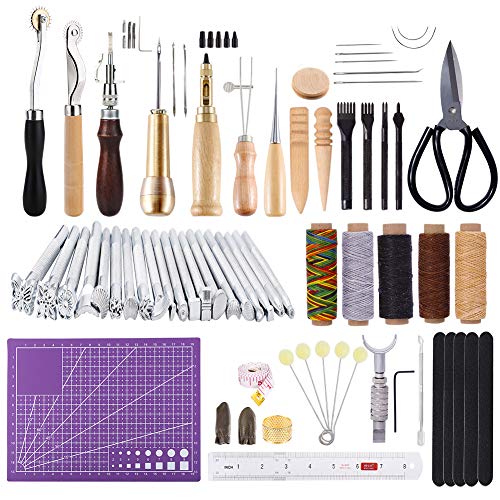 KA MAI KA Leder Werkzeuge Set, Lederhandwerk Werkzeuge, Leder DIY Set mit Leder Groover, Prong Punch, Schneidematte, Leder Stempel Werkzeuge für Leder Bearbeitung DIY