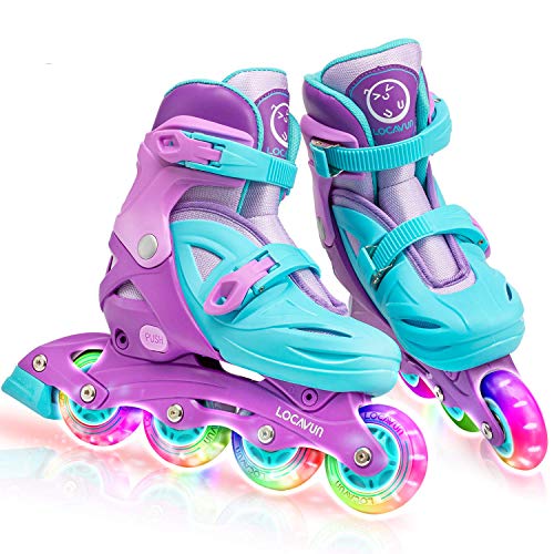 Locavun Verstellbare Inline-Skates für Mädchen, Jungen, Kinder mit leuchtenden Rädern, beleuchtete Hartschalen-Rollerblades für den Innen- und Außenbereich (Violett, M: 31-35 EU)
