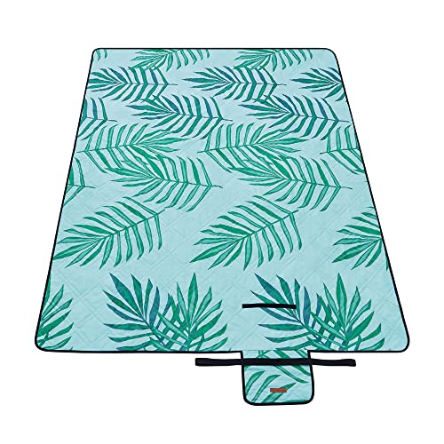 SONGMICS Picknickdecke, 200 x 150 cm, großer Teppich, für Camping, Park, Garten, Strand, wasserabweisend, maschinenwaschbar, faltbar, Farnmuster und Hellblau, GCM001Q01