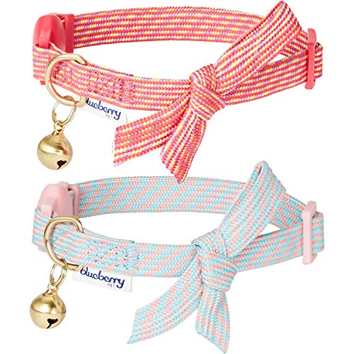 Blueberry Pet Doppelpackung von Katzenhalsbändern, Schicker Schatz Diagonal Gestreiftes Verstellbares Breakaway Katzenhalsband mit Fliege & Glöckchen, Hals 23cm-33cm