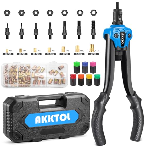 AKKTOL Nietmutternzange Set – Blindnietmutternzange inkl. 80 Nietmuttern/Gewindenieten & Nietmutternbox, Dorne in M3, M4, M5, M6, M8, M10, M12 – Gewindenieten Zange Set mit robustem Schutzgehäuse