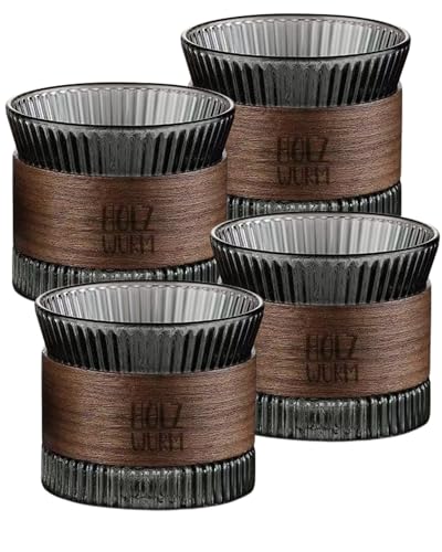Holzwurm Espressotassen Set Glas 170 ml inkl. Walnuss Holz, Cappuccino Gläser, Teetasse für Tee, Espresso Tassen, Mokka Tassenset für Kaffeeliebhaber (Schwarz, 4er Set)