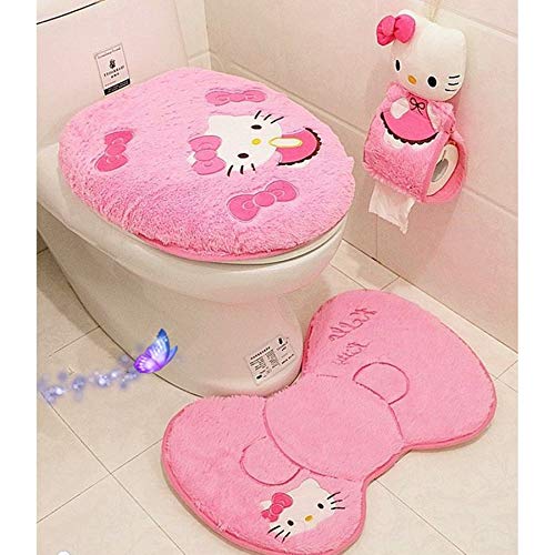 GSDJU Hello Kitty Pink Cartoon Weiches Badezimmer Toilettensitzdeckel Badmattenhalter Teppich Sitzkissenringe Toilettenset