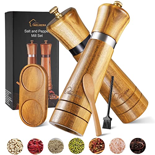 Pfeffermühlen Set-Salzmühle aus Akazienholz-Gewürzmühlen-Keramikmahlwerk (21cm)-Chilimühle - Pfeffermühlenset mit Untersetzer,Einfülllöffel und Bürste, für verschiedene Gewürze