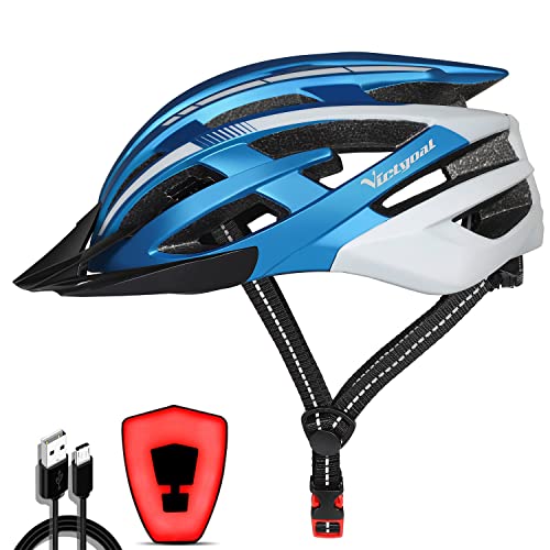 VICTGOAL Fahrradhelm mit Sicherheit LED Rear Light Mountain Bike Helm für Herren Damen Fahrradhelm mit Abnehmbares Visier Road Cycling Helm (Blau Weiss)