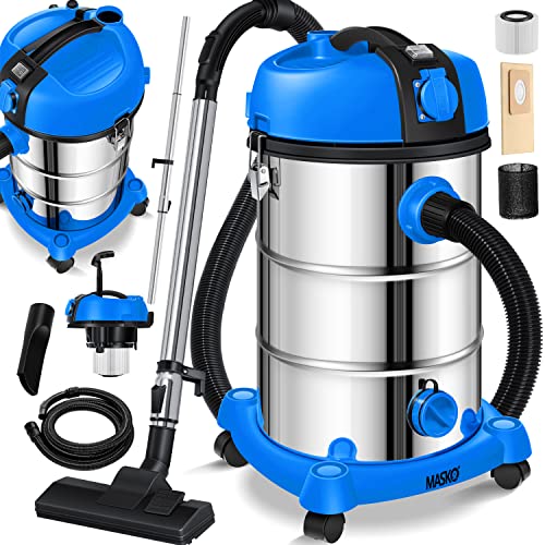 MASKO® Industriestaubsauger Staubsauger Nass Trocken Sauger Edelstahl 2300W + Steckdose | Blasfunktion | Trocken-Saugen & Nass-Saugen | Push&Clean | Industrie-Sauger mit & ohne Beutel | beutellos Blau