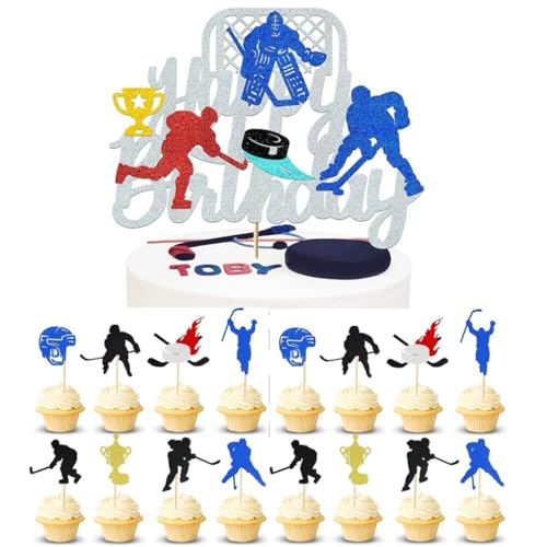 Houhounb Eishockey-Themen Party Deko Set Doppelseitig Kuchendeckel 1 großes Happy Birthday Cake Topper und 16Pcs Kuchen Topper Cupcake Picks für Eishockey Themed Geburtstag Party Dekorationen