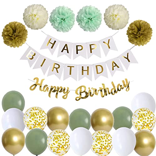 Happy Birthday Weiß Gold Geburtstag Party Deko Set Geburtstag Girlande Luftballons Grün Gold Ballons 6 Pompoms Geburtstagsdeko Mädchen