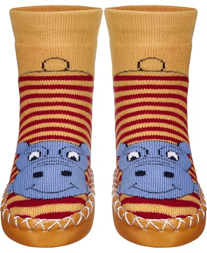 Playshoes Unisex Kinder Hüttenschuh Socken, rot-Nilpferd, 27/30