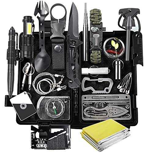 FINIBO Survival Kit 21 in 1, Outdoor Ausrüstung, Außen Notfall Set mit Kompass Taktische Taschenlampe und Weiterem Zubehör, für Camping, Bushcraft, Wandern, Jagde, Abenteuer, Schwarz, 20.6*12.8*5.5cm